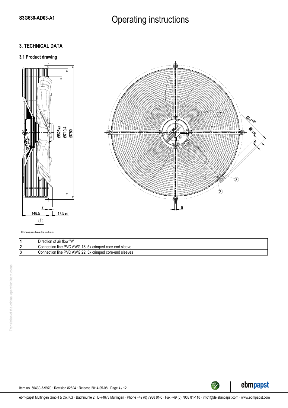 Operating instructions | ebm-papst S3G630-AD03-A1 User Manual | Page 4 / 12