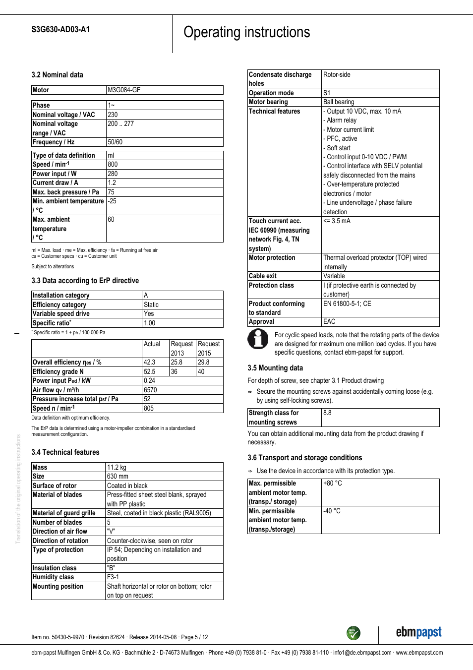Operating instructions | ebm-papst S3G630-AD03-A1 User Manual | Page 5 / 12