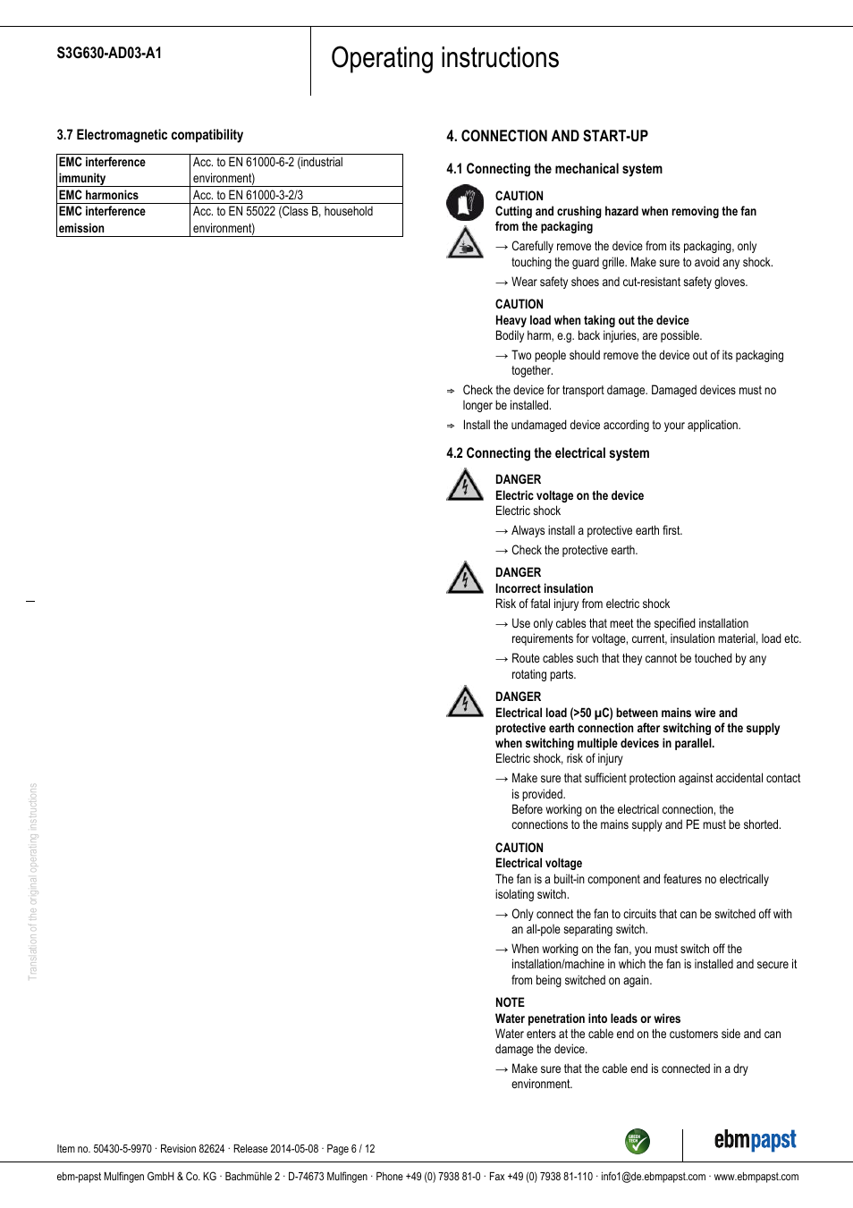 Operating instructions | ebm-papst S3G630-AD03-A1 User Manual | Page 6 / 12