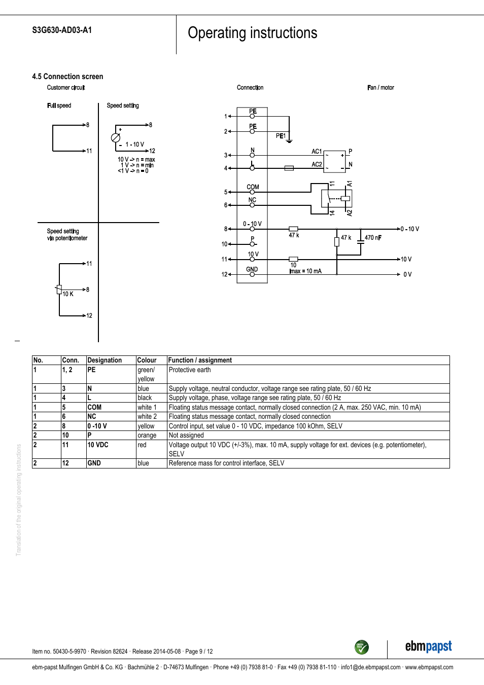 Operating instructions | ebm-papst S3G630-AD03-A1 User Manual | Page 9 / 12