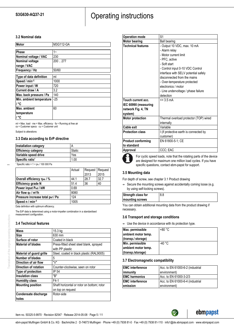 Operating instructions | ebm-papst S3G630-AQ37-21 User Manual | Page 5 / 11