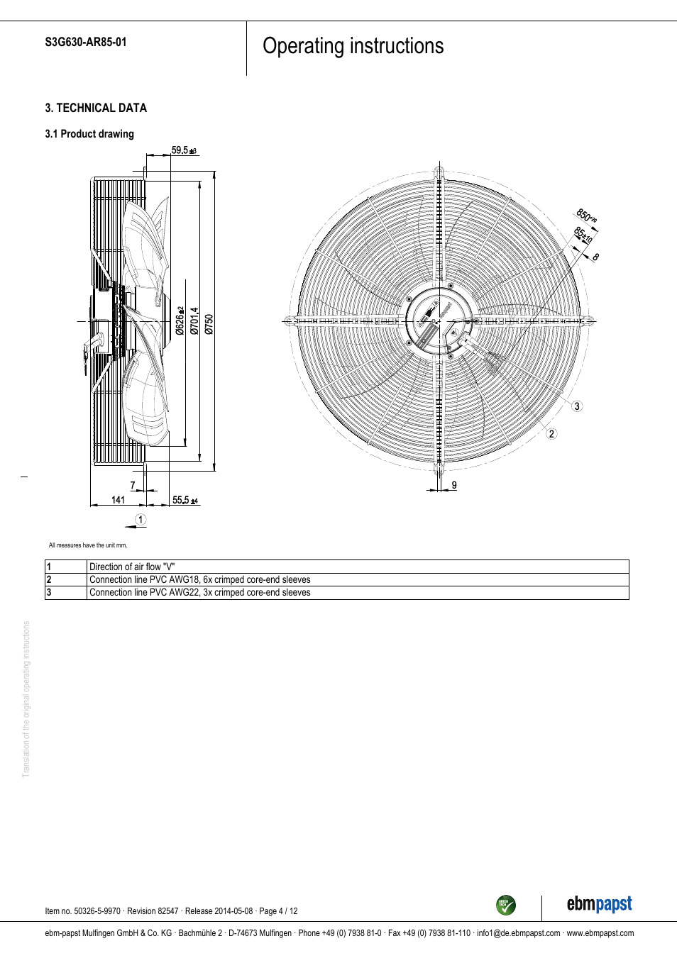 Operating instructions | ebm-papst S3G630-AR85-01 User Manual | Page 4 / 12
