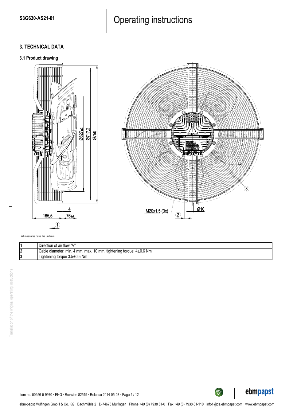 Operating instructions | ebm-papst S3G630-AS21-01 User Manual | Page 4 / 12