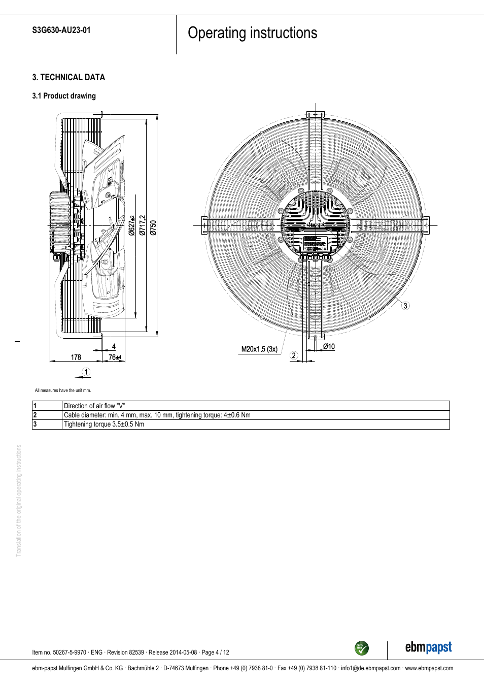 Operating instructions | ebm-papst S3G630-AU23-01 User Manual | Page 4 / 12