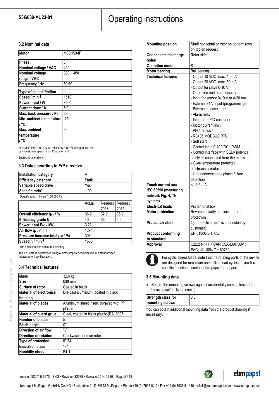 Operating instructions | ebm-papst S3G630-AU23-01 User Manual | Page 5 / 12
