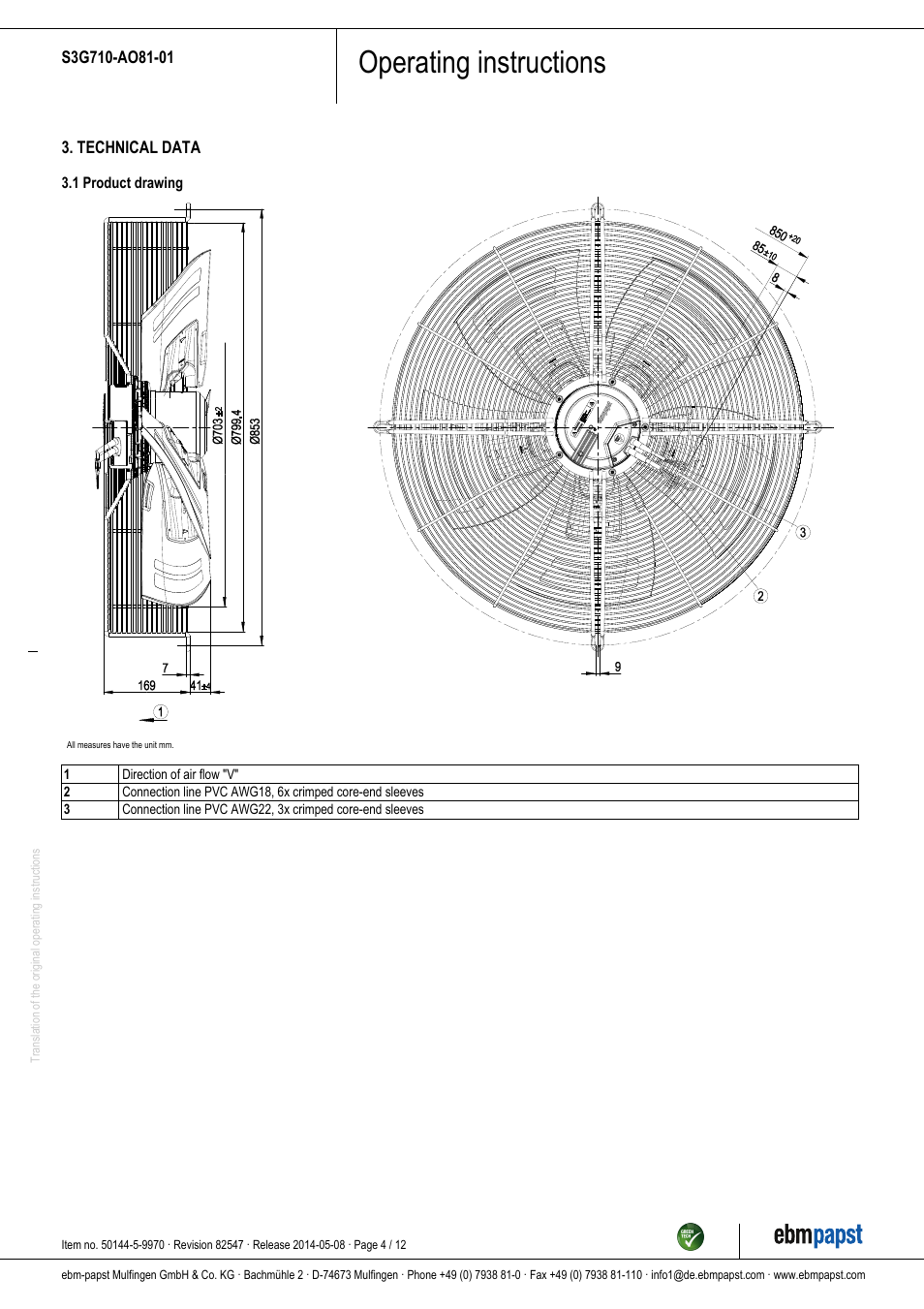 Operating instructions | ebm-papst S3G710-AO81-01 User Manual | Page 4 / 12
