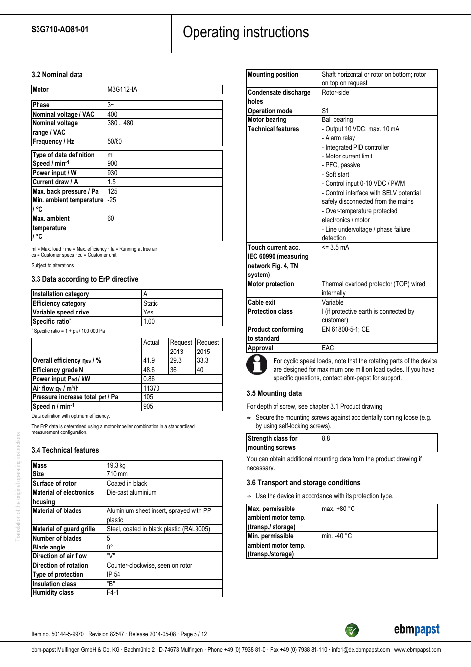 Operating instructions | ebm-papst S3G710-AO81-01 User Manual | Page 5 / 12