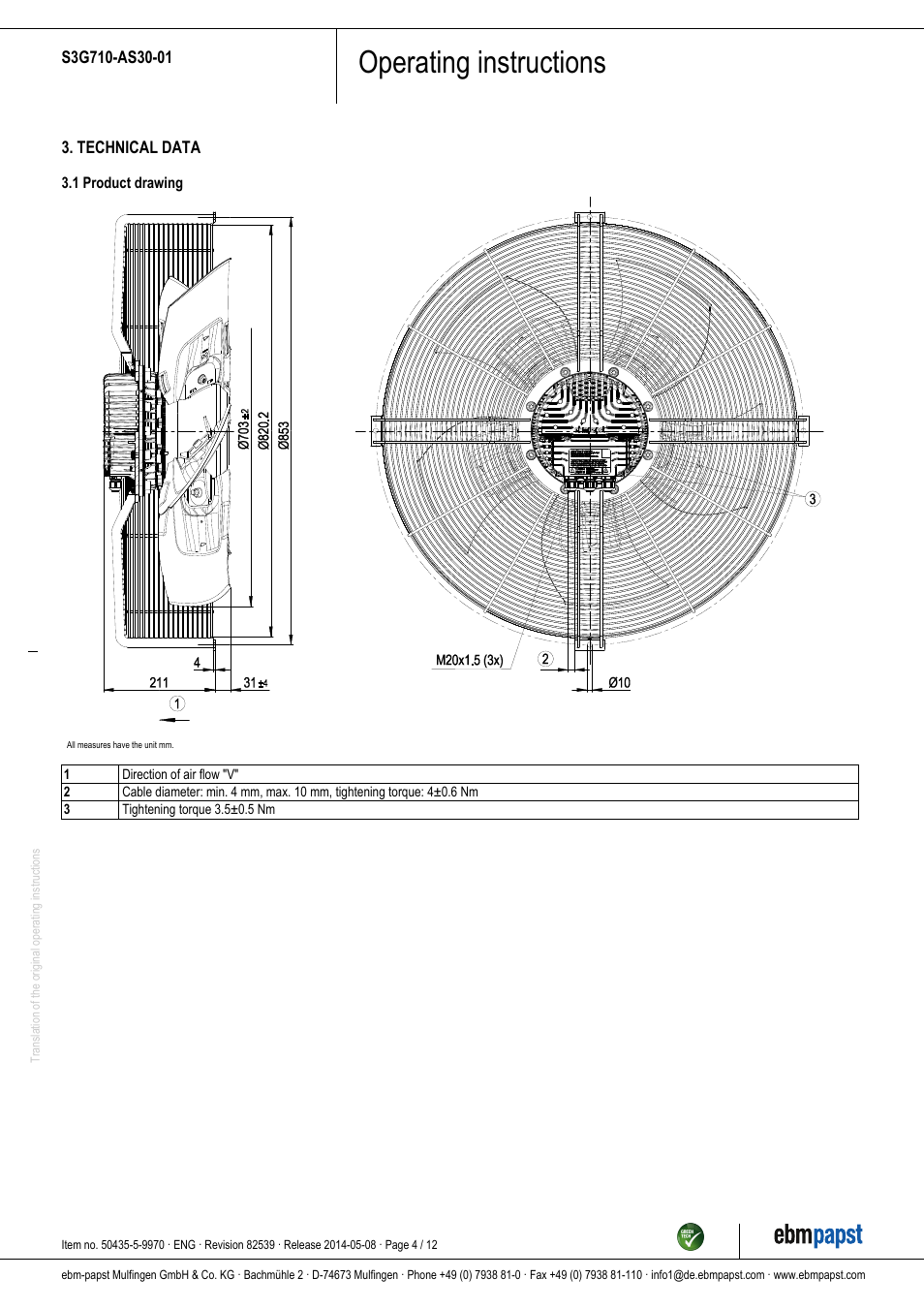 Operating instructions | ebm-papst S3G710-AS30-01 User Manual | Page 4 / 12