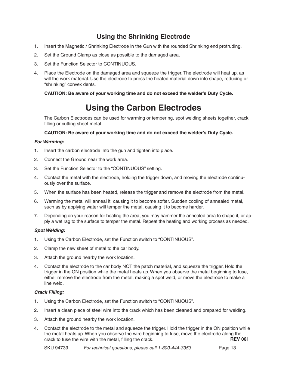 Using the carbon electrodes, Using the shrinking electrode | Chicago Electric 94739 User Manual | Page 13 / 20