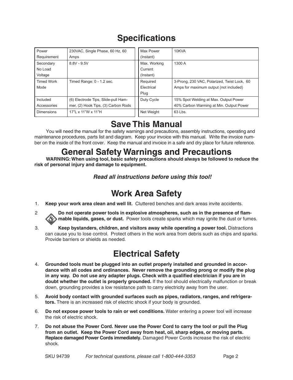 Specifications save this manual, General safety warnings and precautions, Work area safety | Electrical safety | Chicago Electric 94739 User Manual | Page 2 / 20