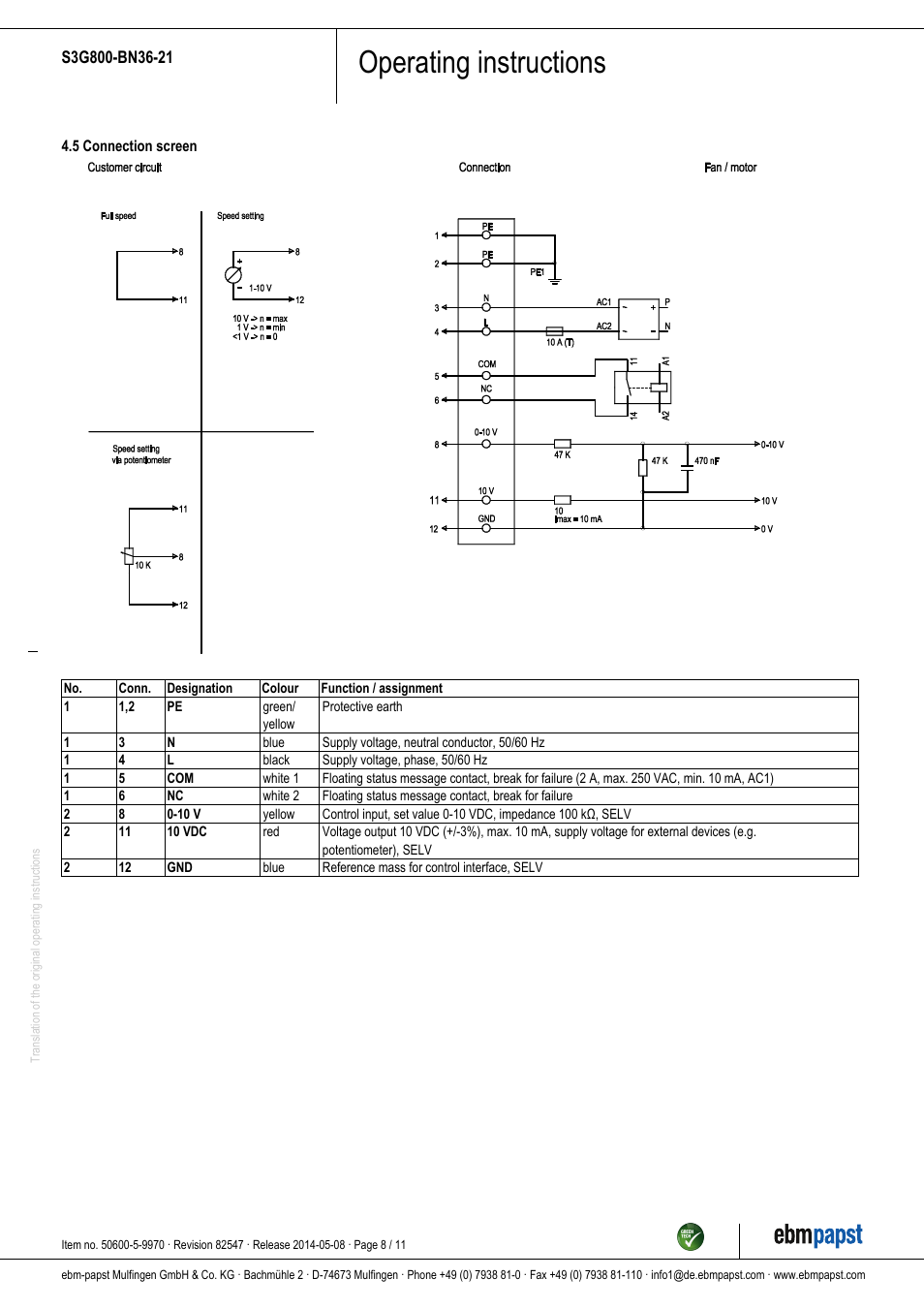 Operating instructions | ebm-papst S3G800-BN36-21 User Manual | Page 8 / 11