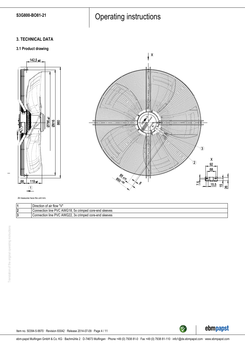Operating instructions | ebm-papst S3G800-BO81-21 User Manual | Page 4 / 11