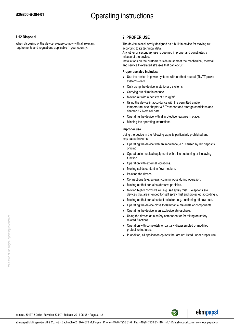 Operating instructions, Proper use | ebm-papst S3G800-BO84-01 User Manual | Page 3 / 12