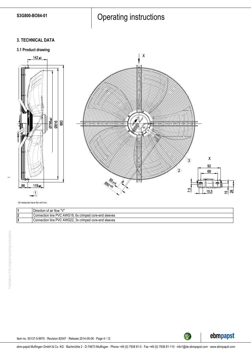 Operating instructions | ebm-papst S3G800-BO84-01 User Manual | Page 4 / 12