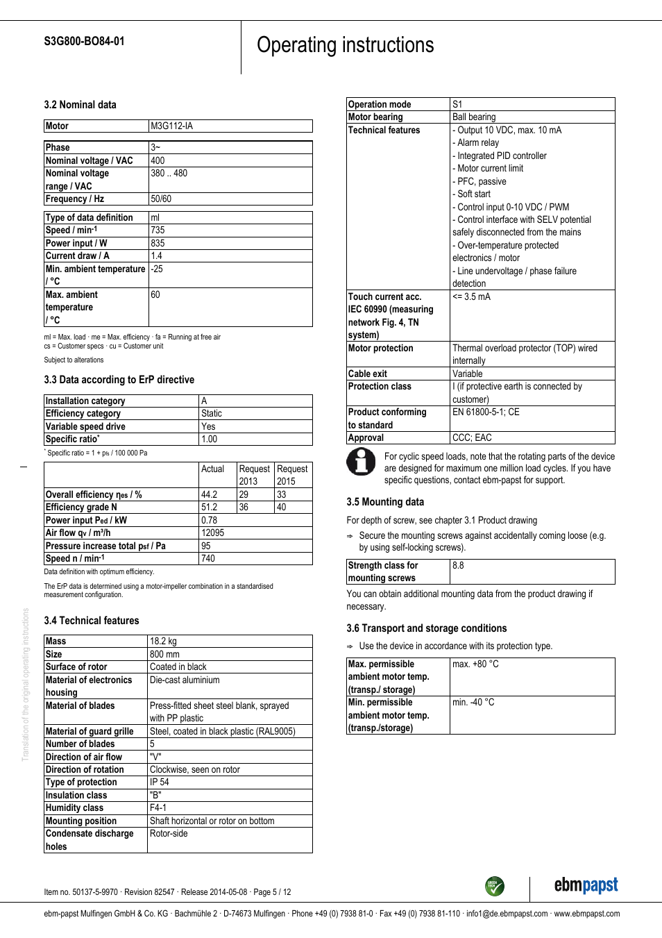 Operating instructions | ebm-papst S3G800-BO84-01 User Manual | Page 5 / 12