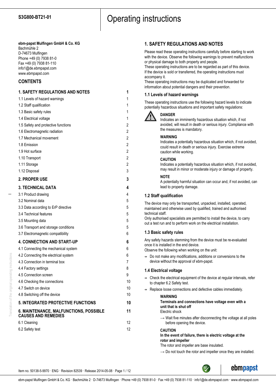 ebm-papst S3G800-BT21-01 User Manual | 12 pages