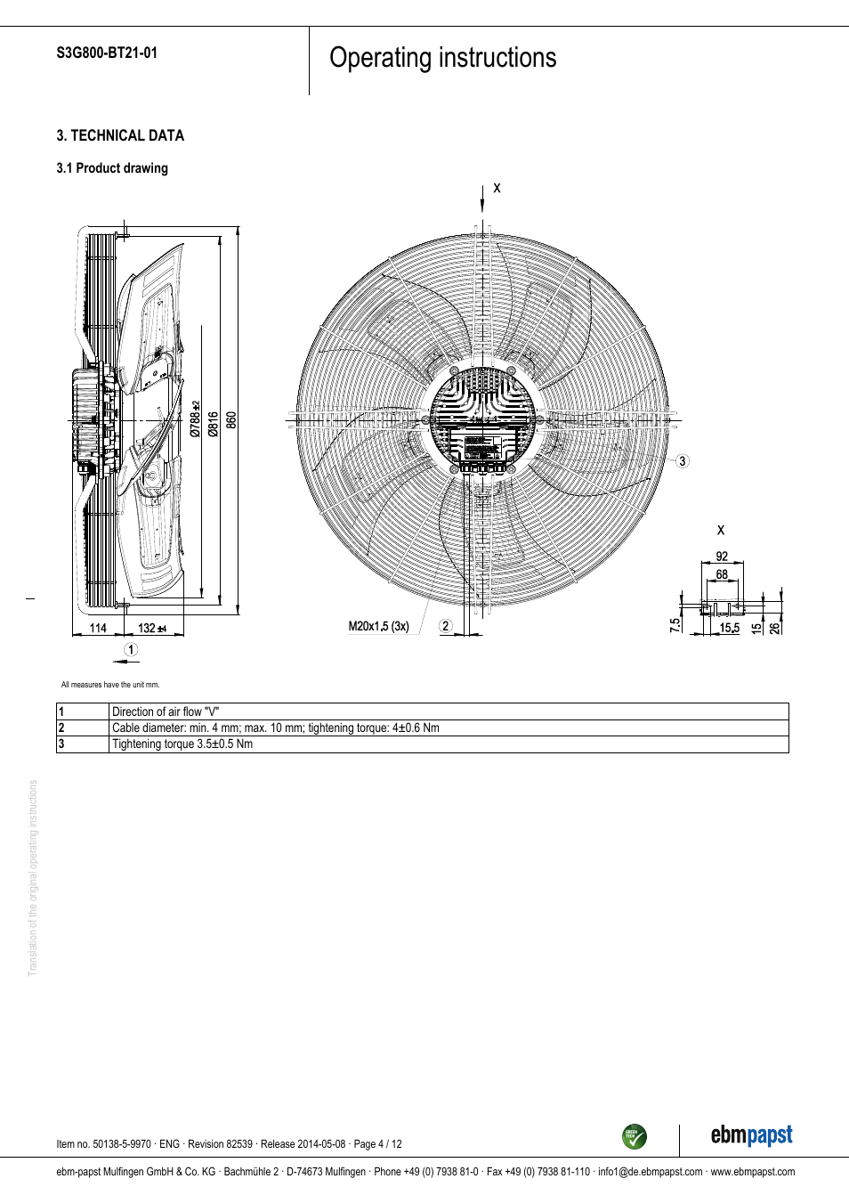 Operating instructions | ebm-papst S3G800-BT21-01 User Manual | Page 4 / 12