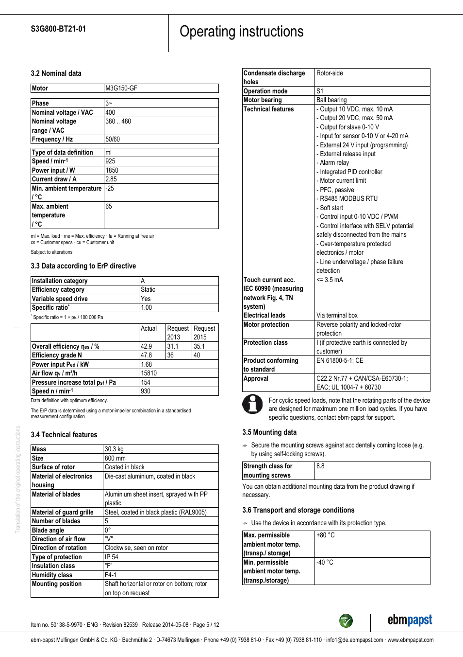 Operating instructions | ebm-papst S3G800-BT21-01 User Manual | Page 5 / 12