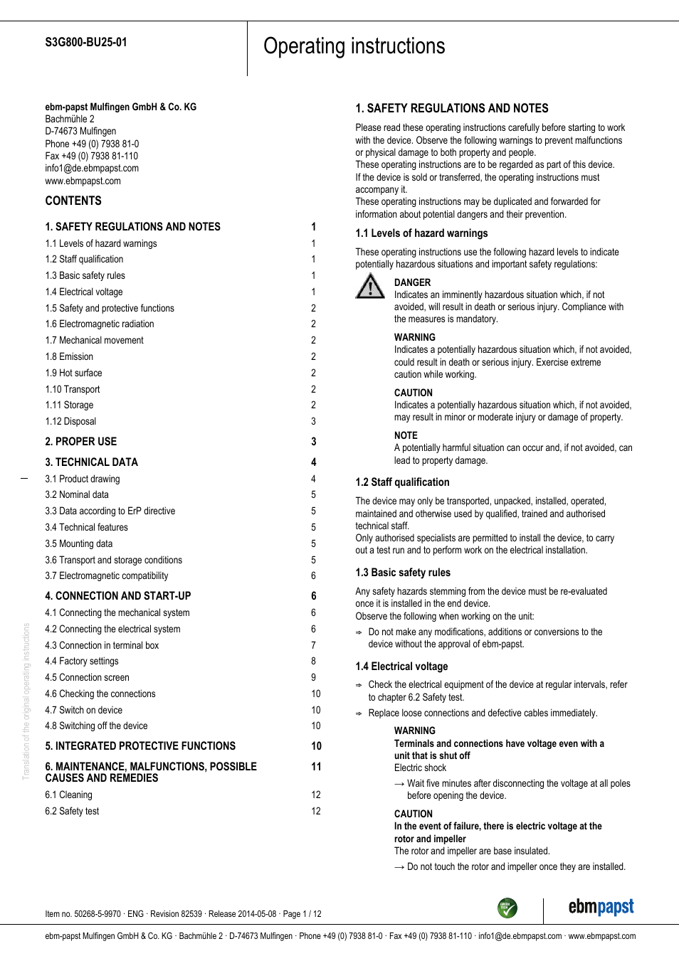ebm-papst S3G800-BU25-01 User Manual | 12 pages