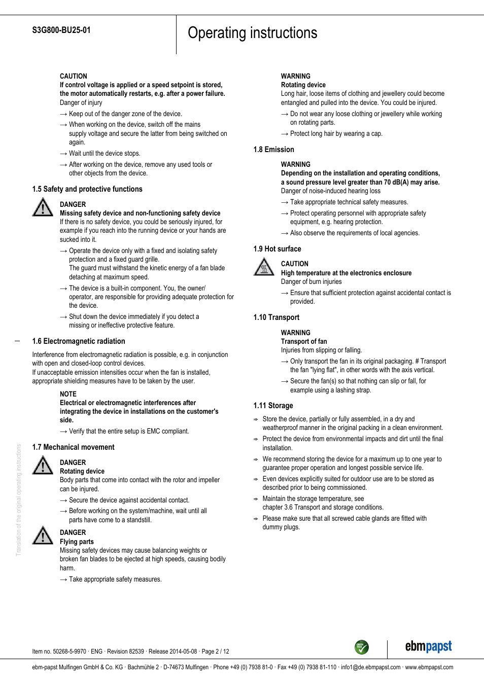 Operating instructions | ebm-papst S3G800-BU25-01 User Manual | Page 2 / 12