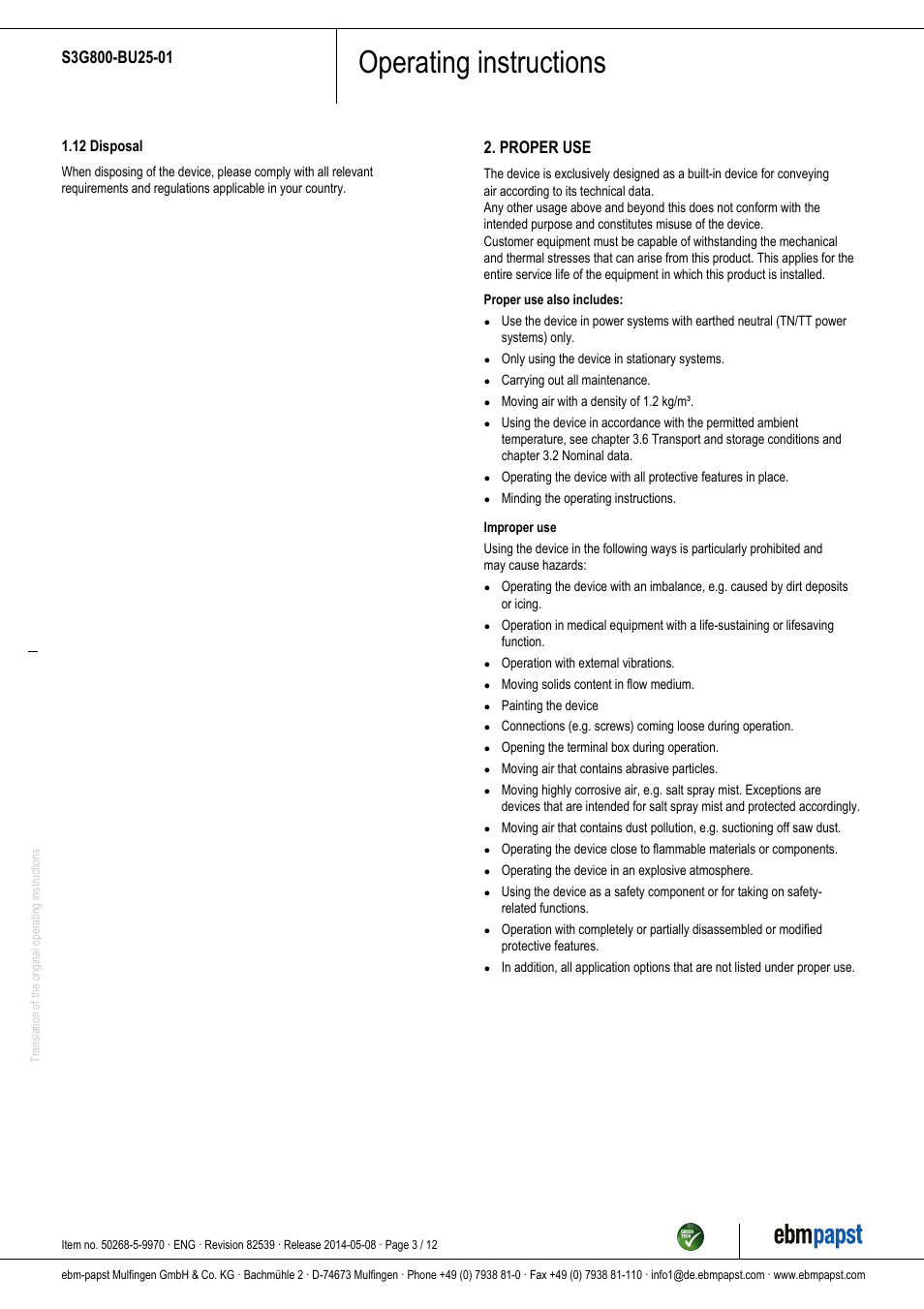 Operating instructions, Proper use | ebm-papst S3G800-BU25-01 User Manual | Page 3 / 12