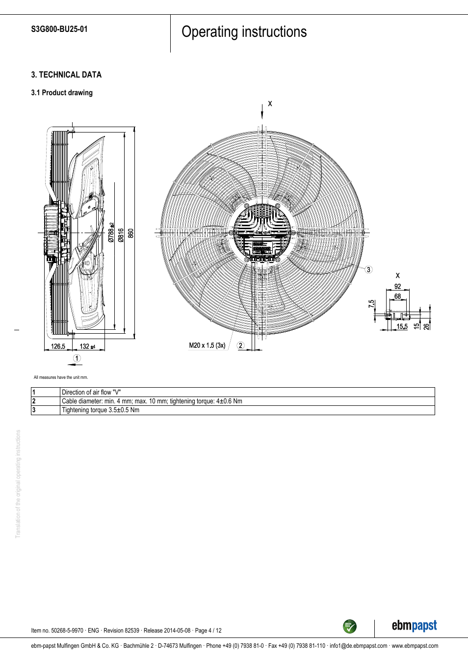 Operating instructions | ebm-papst S3G800-BU25-01 User Manual | Page 4 / 12