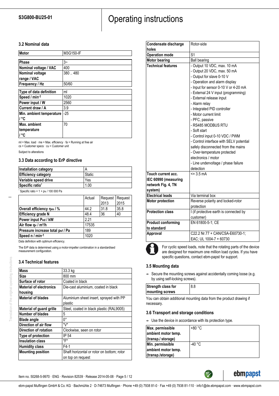Operating instructions | ebm-papst S3G800-BU25-01 User Manual | Page 5 / 12