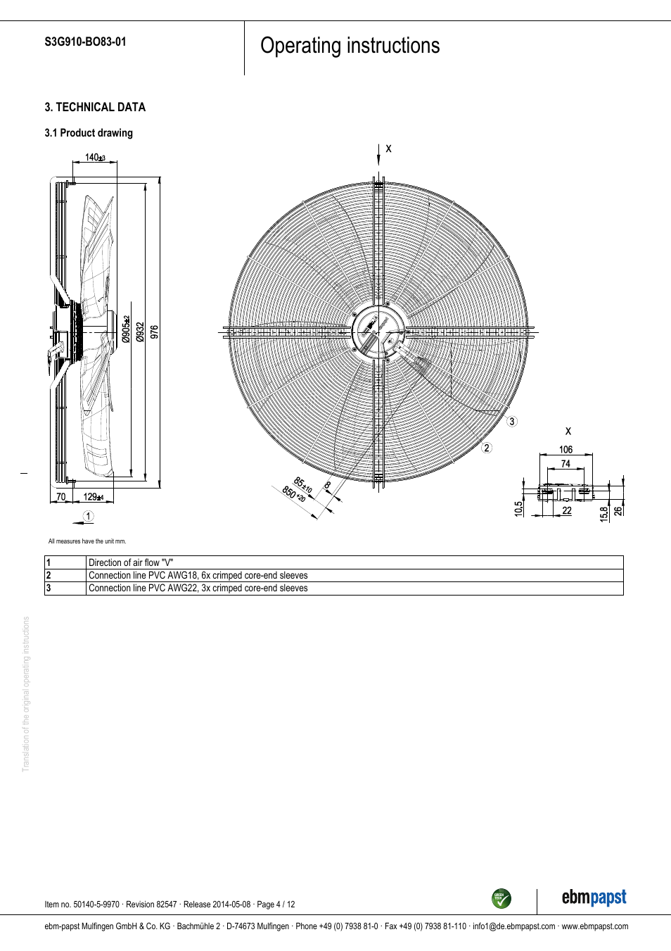 Operating instructions | ebm-papst S3G910-BO83-01 User Manual | Page 4 / 12