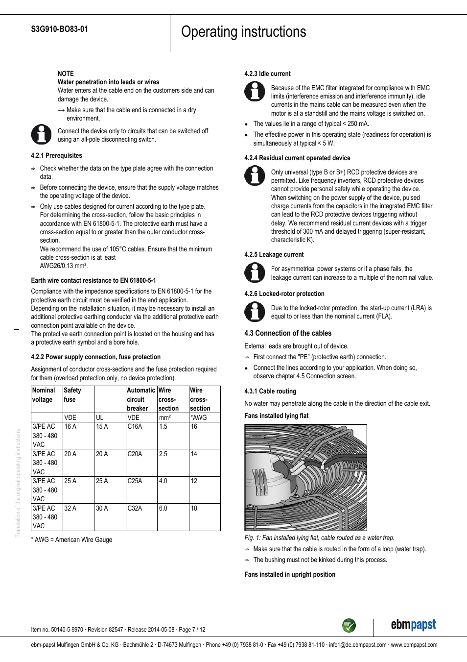 Operating instructions | ebm-papst S3G910-BO83-01 User Manual | Page 7 / 12