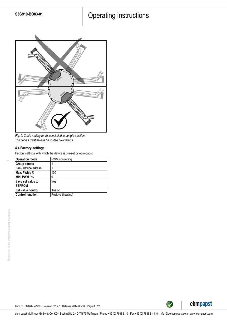 Operating instructions | ebm-papst S3G910-BO83-01 User Manual | Page 8 / 12