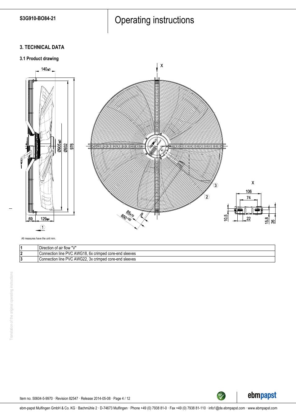 Operating instructions | ebm-papst S3G910-BO84-21 User Manual | Page 4 / 12