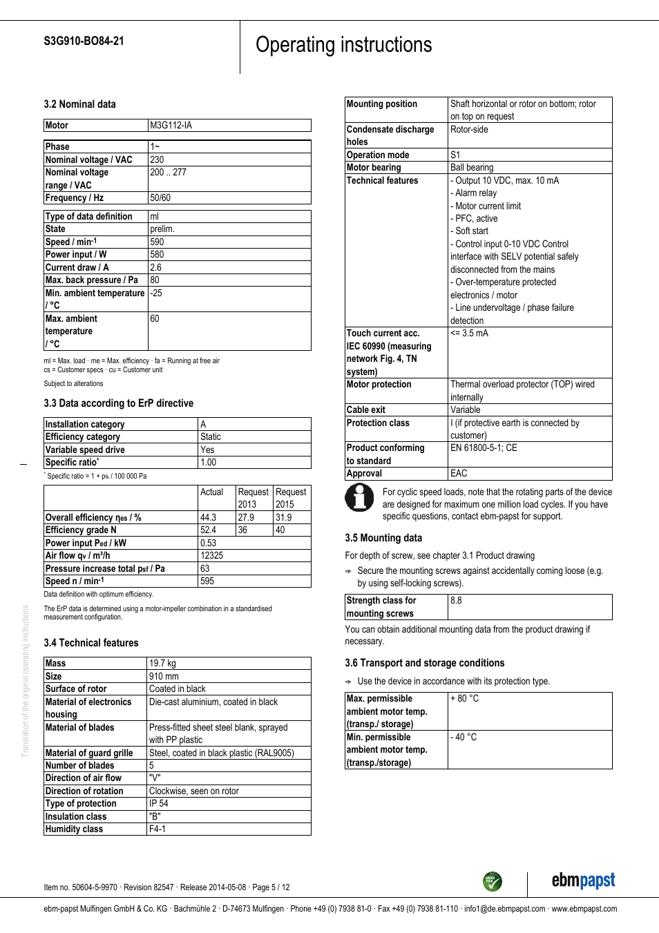 Operating instructions | ebm-papst S3G910-BO84-21 User Manual | Page 5 / 12