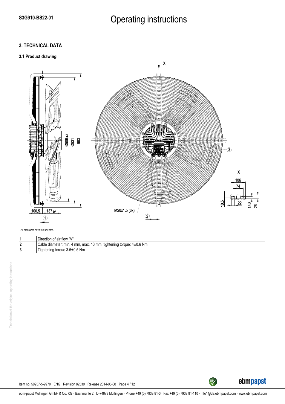 Operating instructions | ebm-papst S3G910-BS22-01 User Manual | Page 4 / 12