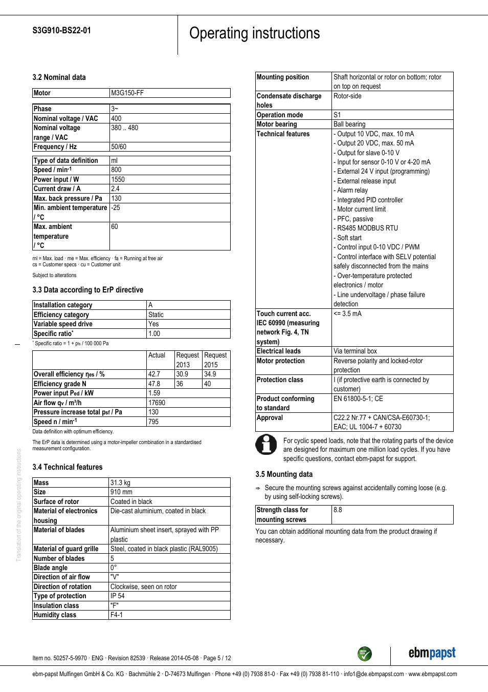 Operating instructions | ebm-papst S3G910-BS22-01 User Manual | Page 5 / 12