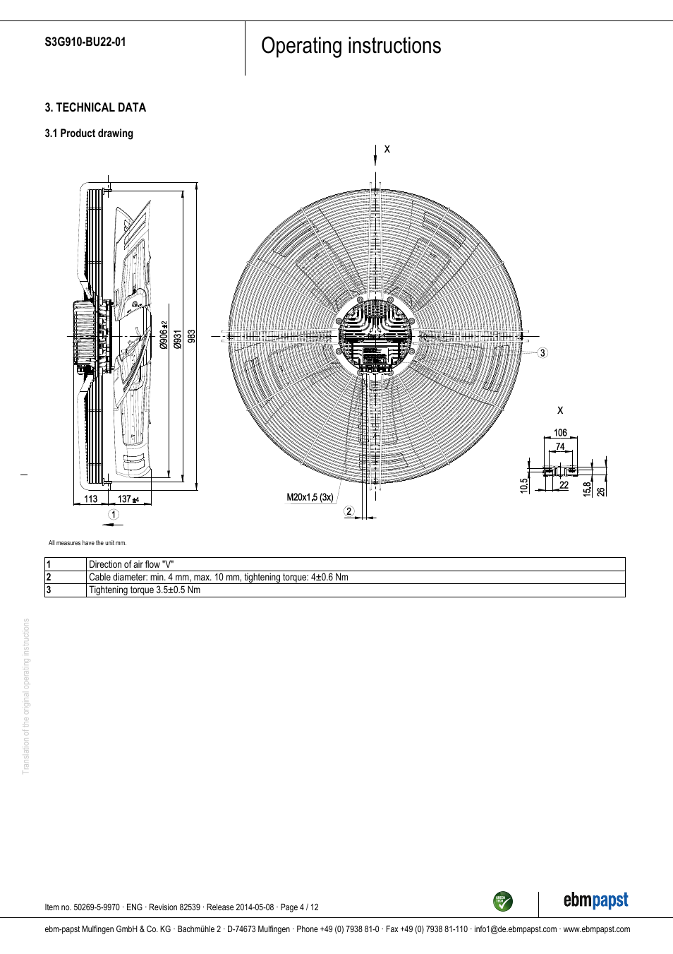 Operating instructions | ebm-papst S3G910-BU22-01 User Manual | Page 4 / 12