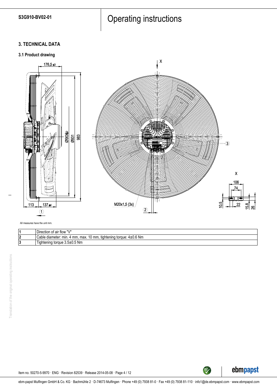 Operating instructions | ebm-papst S3G910-BV02-01 User Manual | Page 4 / 12