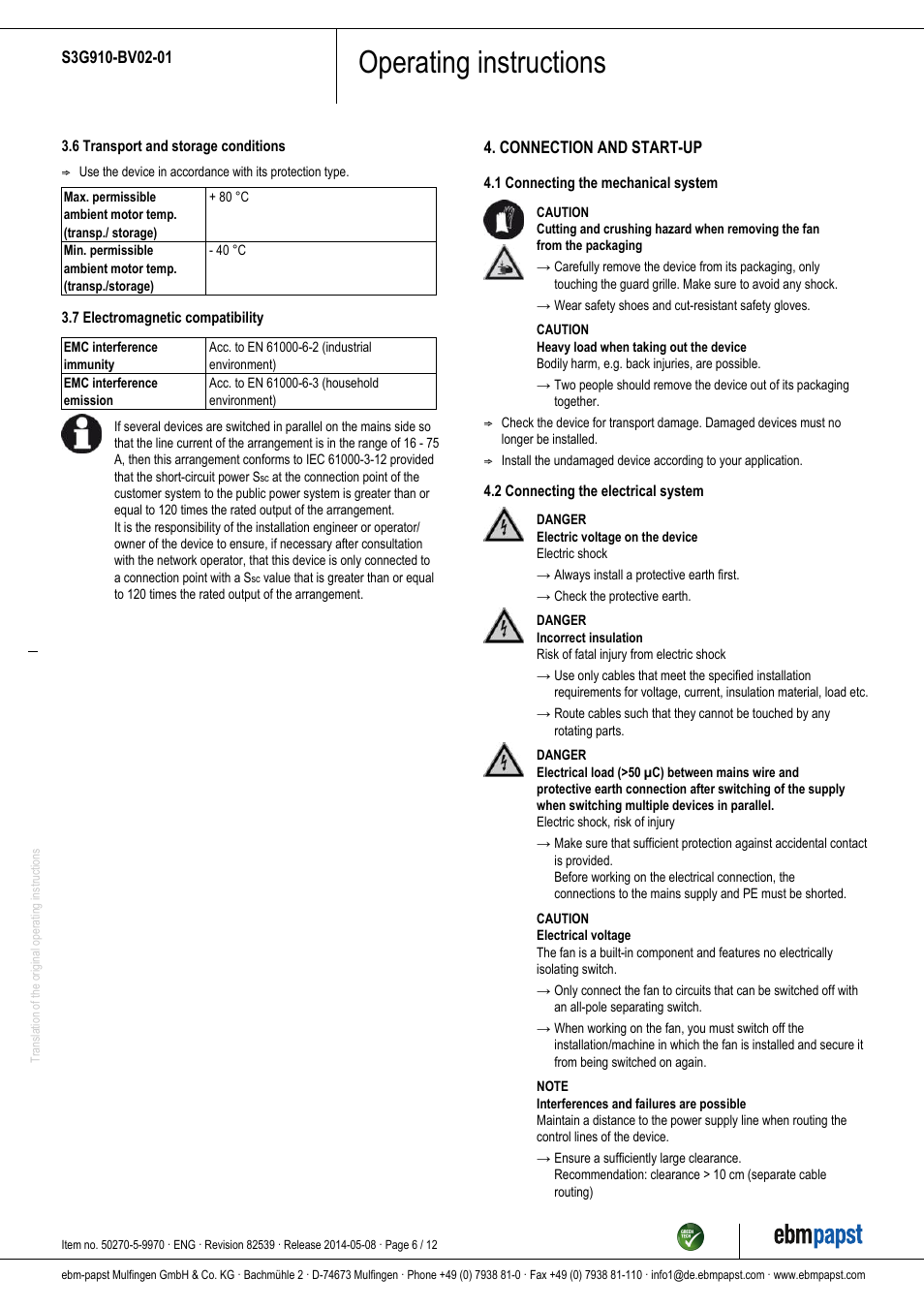 Operating instructions | ebm-papst S3G910-BV02-01 User Manual | Page 6 / 12