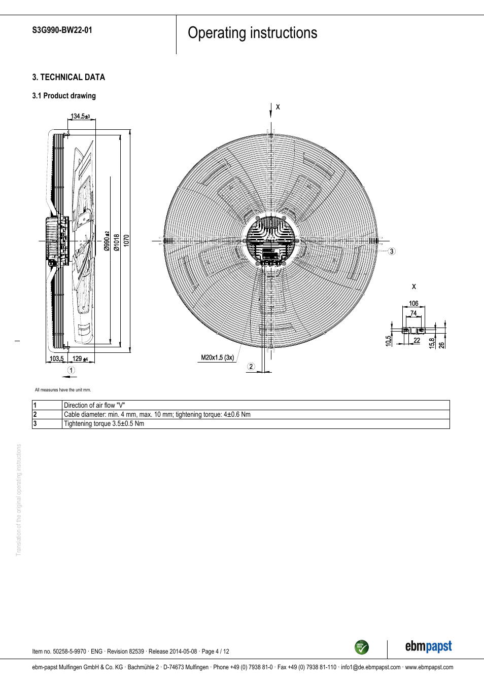 Operating instructions | ebm-papst S3G990-BW22-01 User Manual | Page 4 / 12