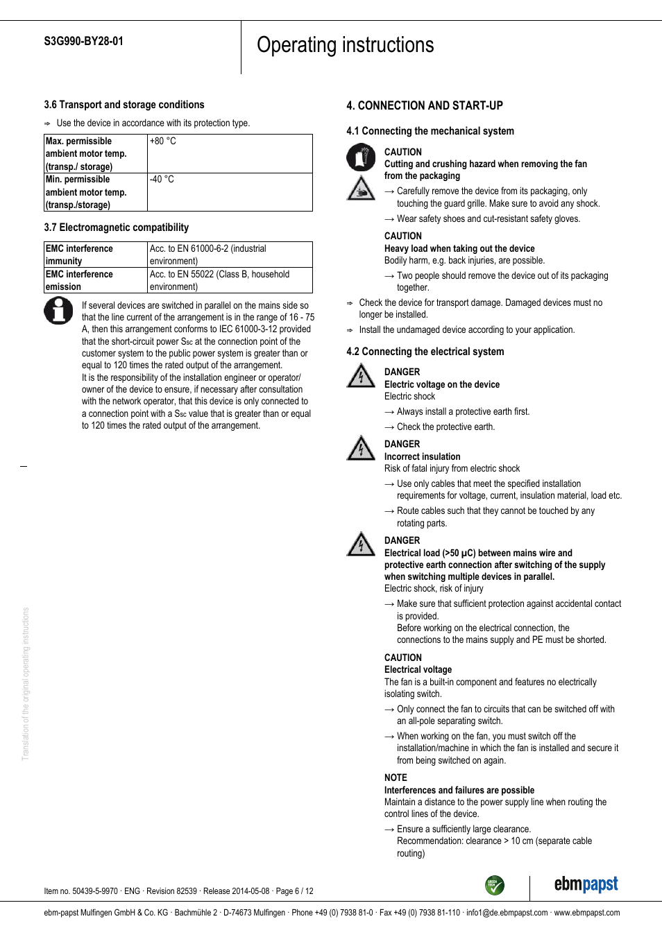 Operating instructions | ebm-papst S3G990-BY28-01 User Manual | Page 6 / 12