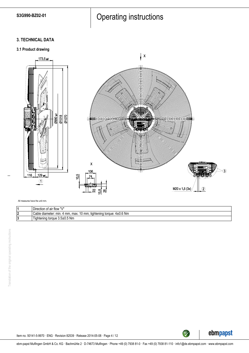 Operating instructions | ebm-papst S3G990-BZ02-01 User Manual | Page 4 / 12