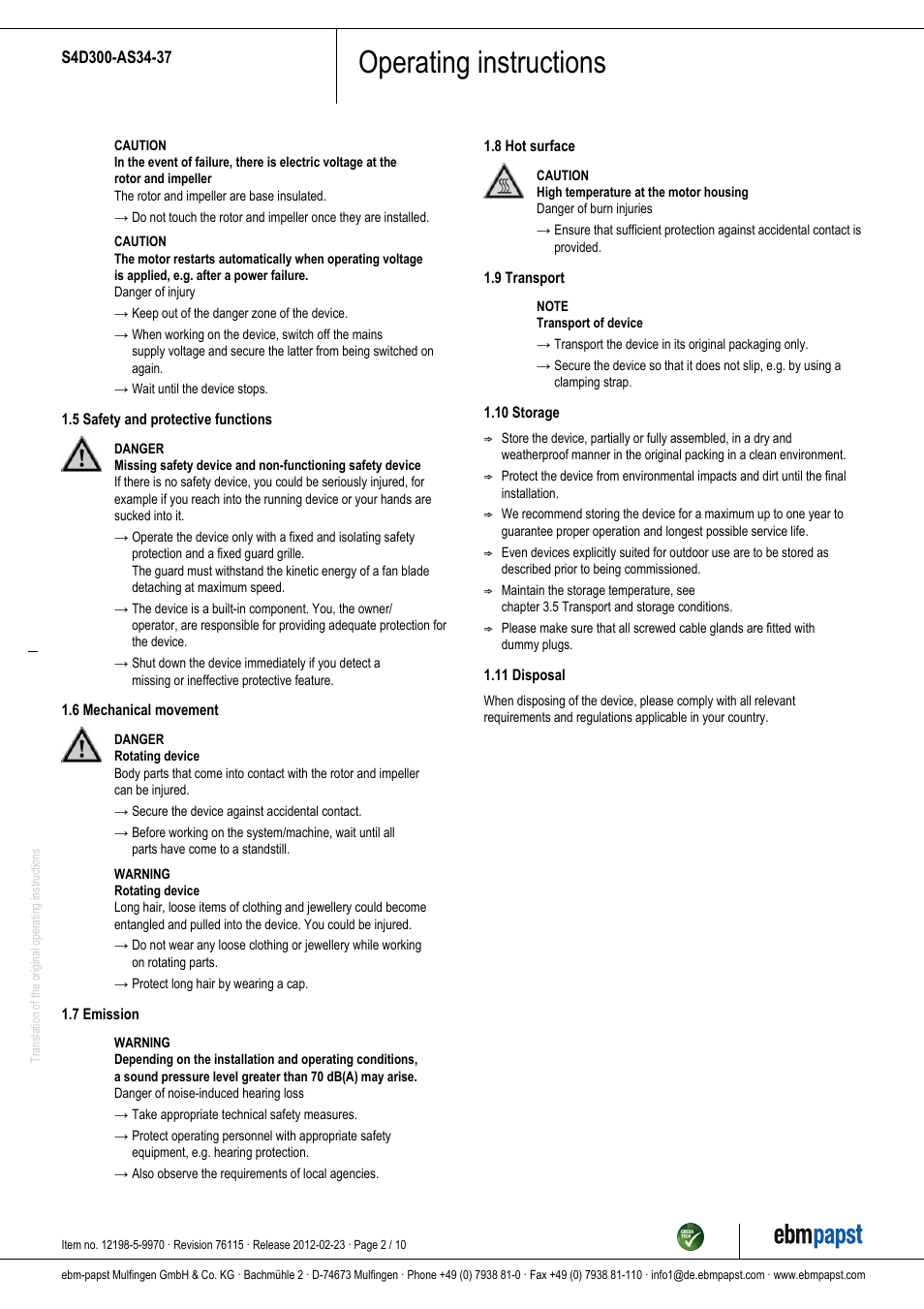 Operating instructions | ebm-papst S4D300-AS34-37 User Manual | Page 2 / 10