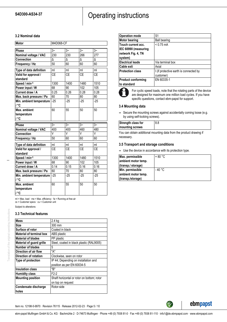 Operating instructions | ebm-papst S4D300-AS34-37 User Manual | Page 5 / 10