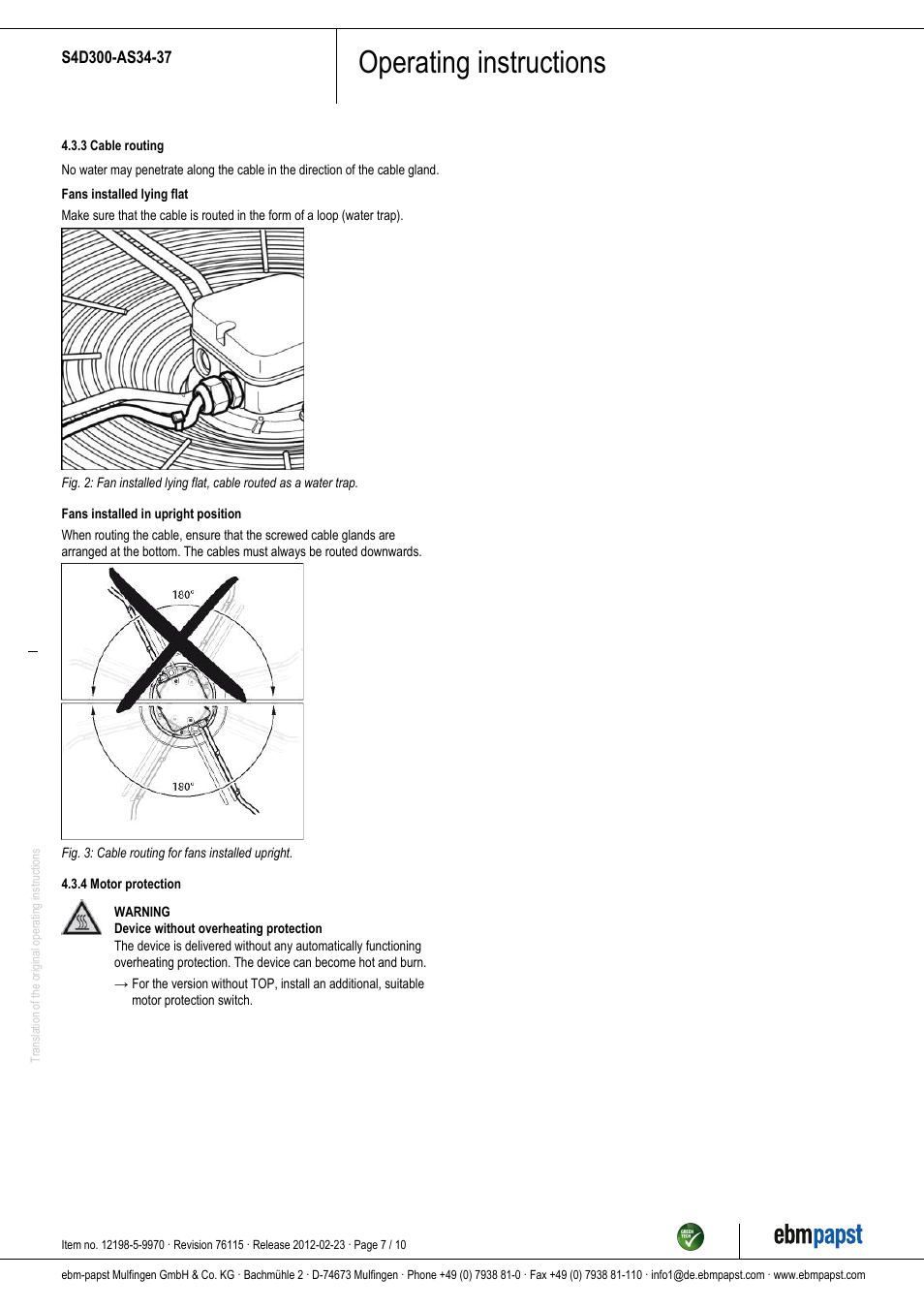Operating instructions | ebm-papst S4D300-AS34-37 User Manual | Page 7 / 10