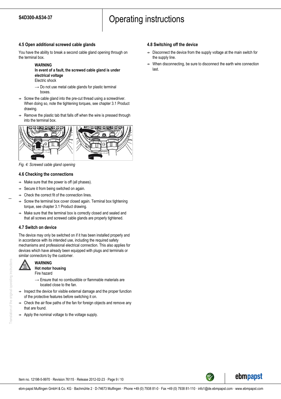 Operating instructions | ebm-papst S4D300-AS34-37 User Manual | Page 9 / 10