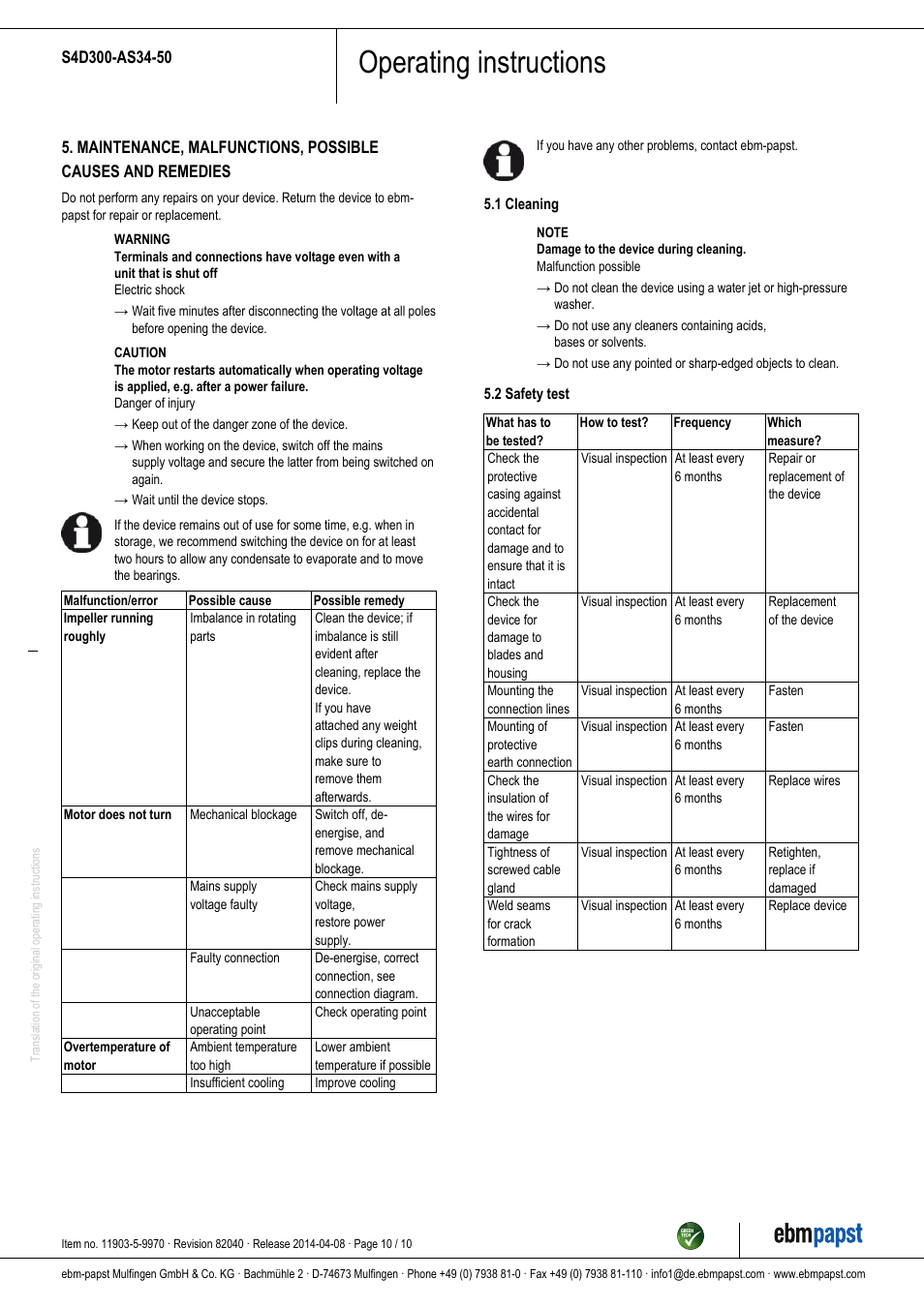 Operating instructions | ebm-papst S4D300-AS34-50 User Manual | Page 10 / 10