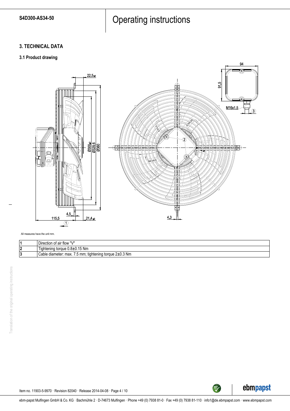 Operating instructions | ebm-papst S4D300-AS34-50 User Manual | Page 4 / 10