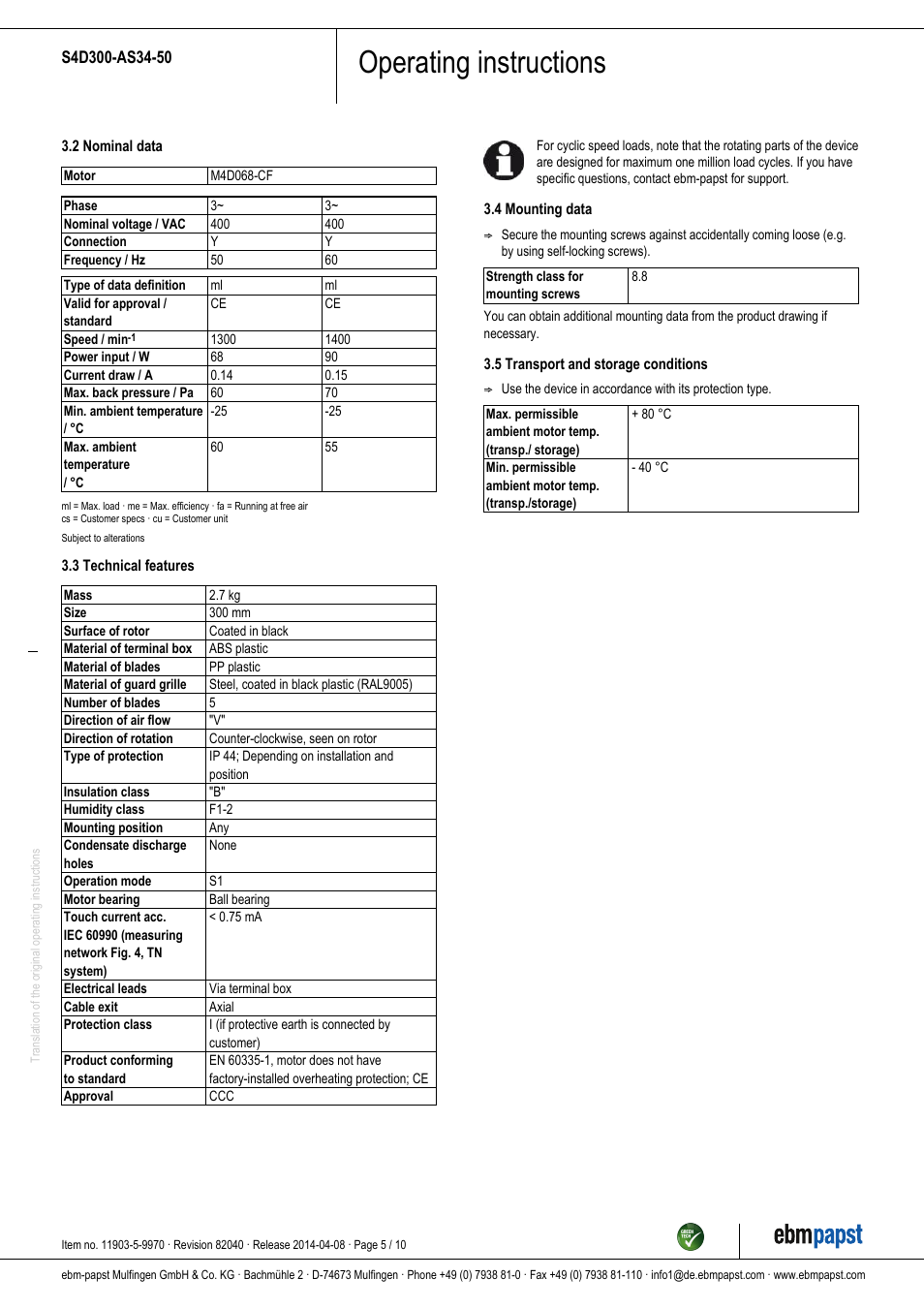 Operating instructions | ebm-papst S4D300-AS34-50 User Manual | Page 5 / 10