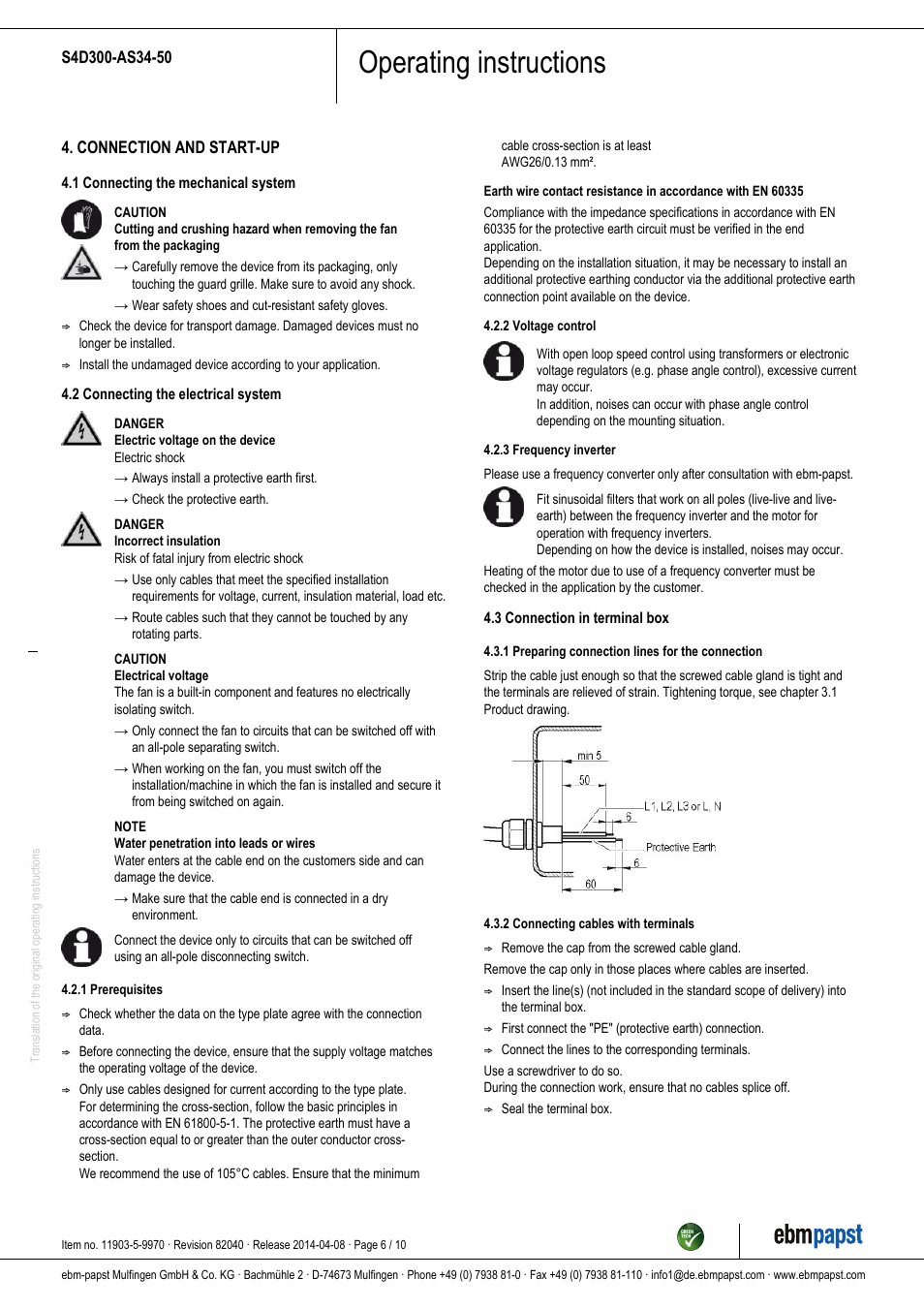 Operating instructions | ebm-papst S4D300-AS34-50 User Manual | Page 6 / 10