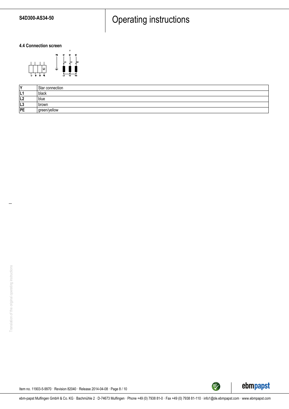 Operating instructions | ebm-papst S4D300-AS34-50 User Manual | Page 8 / 10