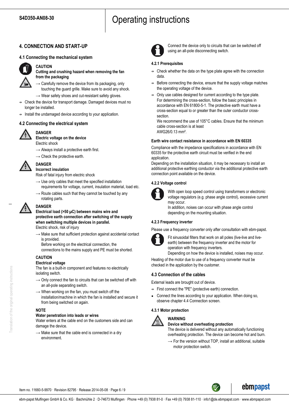 Operating instructions | ebm-papst S4D350-AN08-30 User Manual | Page 6 / 9